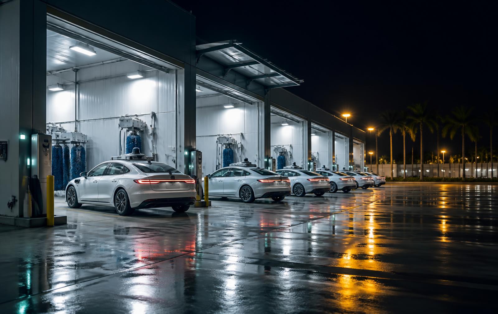 Autonomous vehicles parked in lit charging and cleaning bays at a Fleetport depot at night